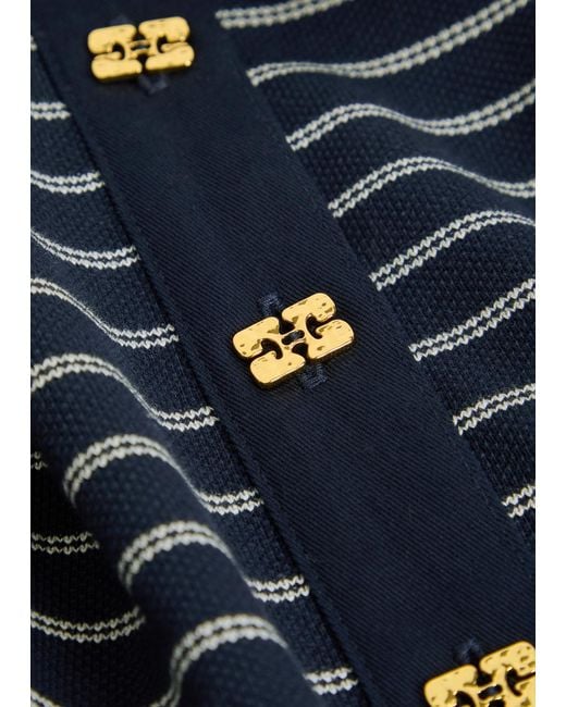Ganni Blue Striped Peplum Piqué Cotton Polo Shirt