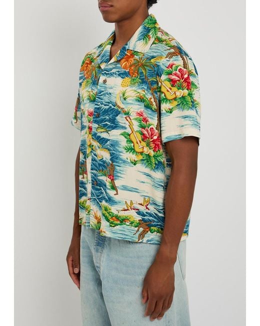 CHERRY LA Blue Hawaiian Vacation Printed Rayon Poplin Shirt for men