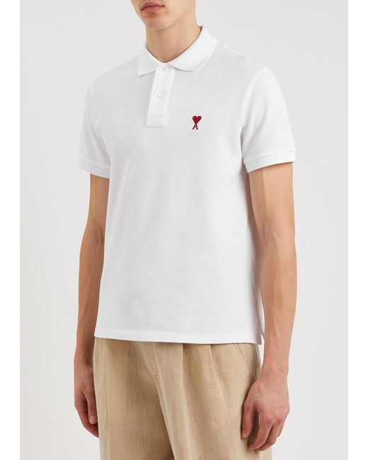 AMI White Logo-Embroidered Piqué Cotton Polo Shirt for men