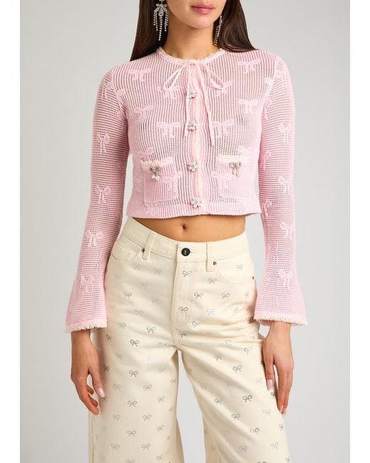 Self-Portrait Pink Bow Open-Knit Cardigan