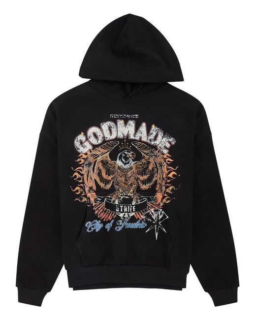 God Made Black City Of Trouble Printed Hooded Cotton Sweatshirt for men