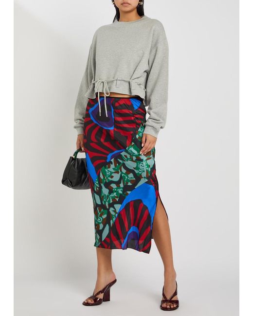 Dries Van Noten Blue Sati Printed Satin Midi Skirt