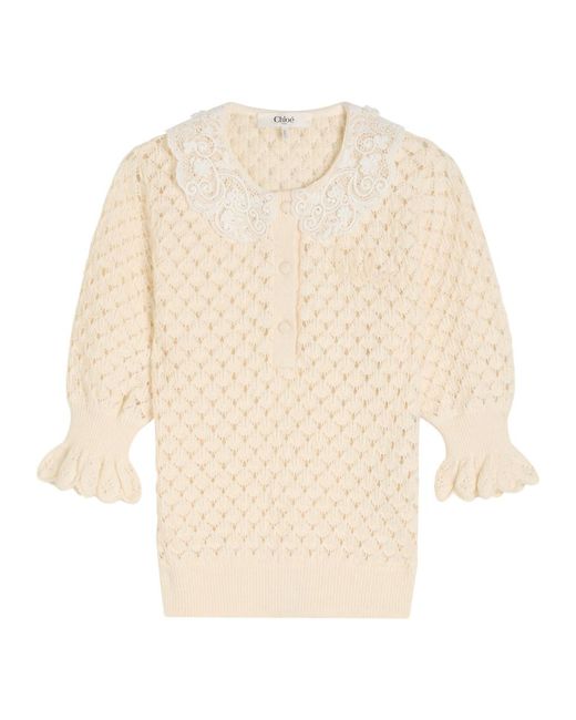 Chloé Natural Lace-Embellished Pointelle-Knit Top
