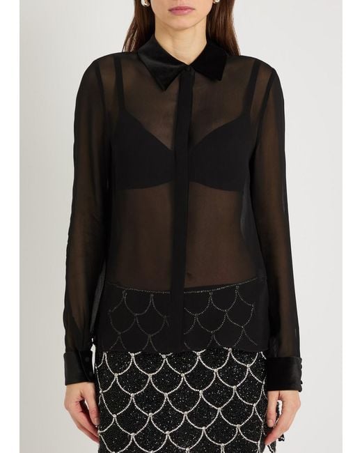 Alice + Olivia Black Willa Velvet-Trim Semi-Sheer Chiffon Shirt