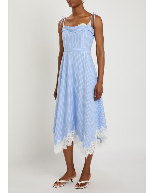 Jonathan Simkhai Blue Avaleigh Striped Lace-Trim Cotton Midi Dress