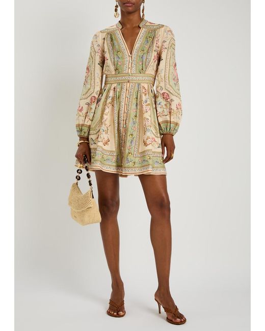 Zimmermann Natural Roselight Printed Linen Mini Dress