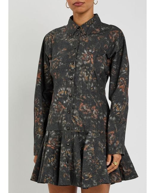 Ganni Gray Printed Stretch-Cotton Mini Shirt Dress