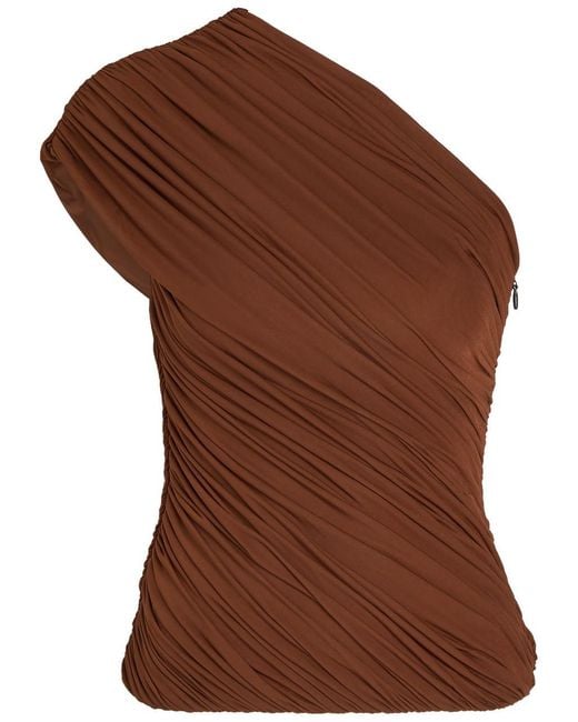 Ronny Kobo Brown Camina Asymmetric Ruched Stretch-Mesh Top