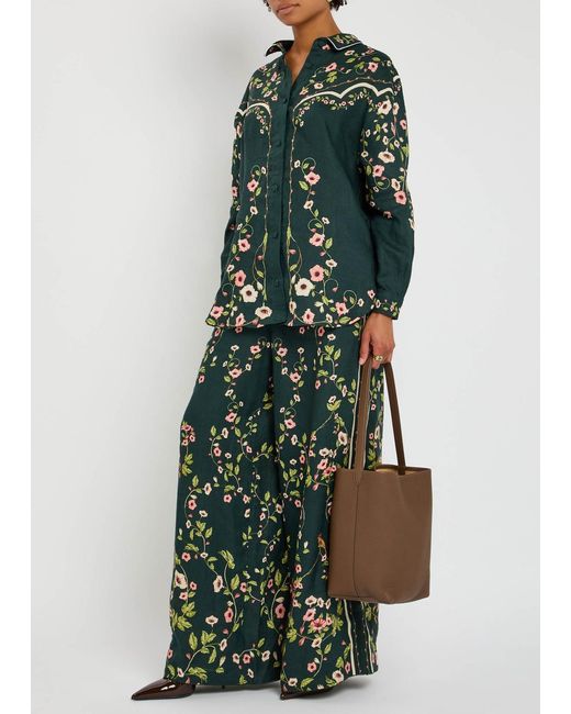 Agua Bendita Green Tota Mosquetero Floral-Print Linen Shirt