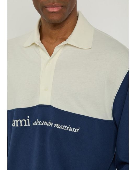 AMI Blue Logo-Embroidered Panelled Piqué Cotton Polo Shirt for men