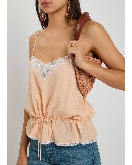 Chloé Natural Floral-Jacquard Lace-Trim Silk Top