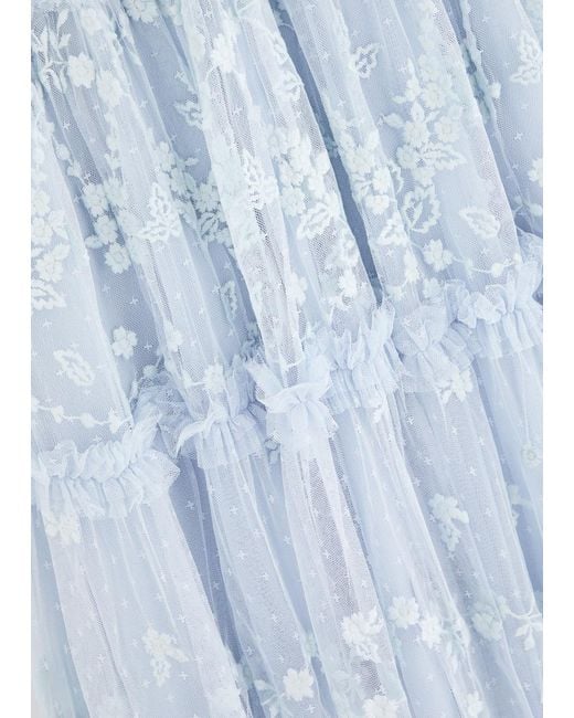 Needle & Thread Blue Autumn Lace Embroidered Tulle Maxi Dress