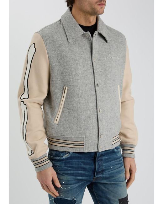 Amiri Gray Bones Wool-Blend Varsity Jacket for men