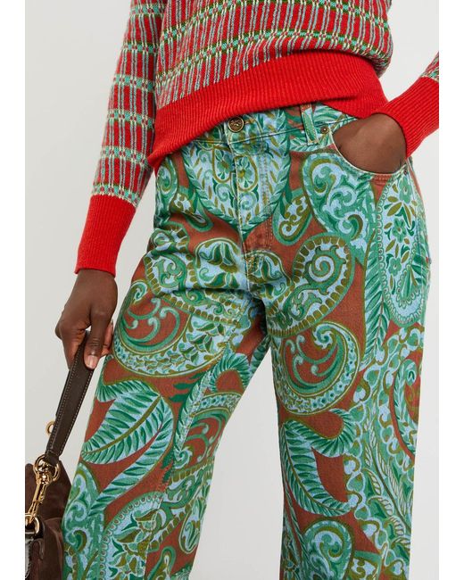 Etro Green Printed Flared-Leg Jeans