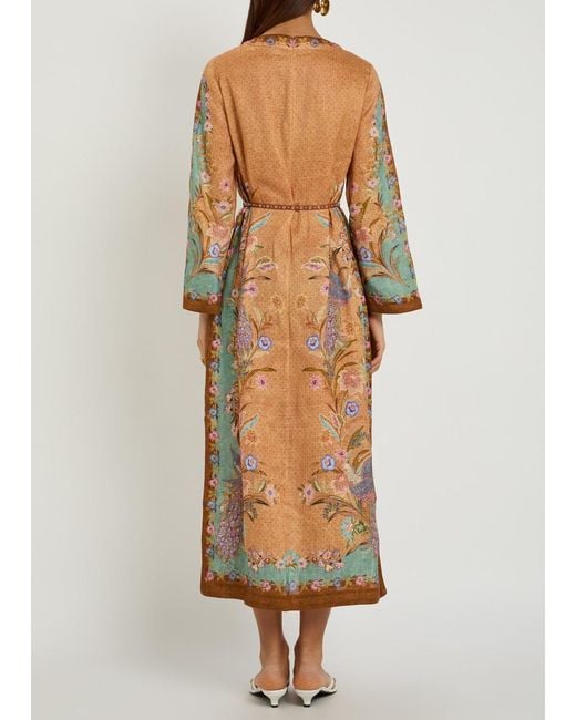 Zimmermann Natural Indra Belted Printed Linen Midi Tunic Dress