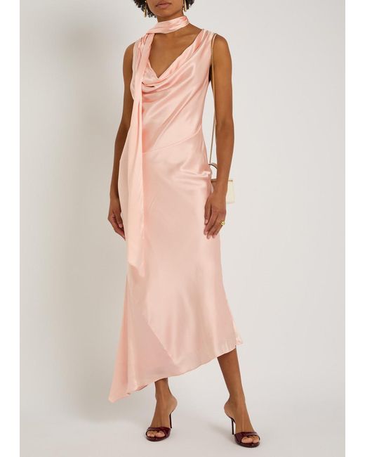 De La Vali Pink Thebe Scarf-Effect Draped Silk-Satin Midi Slip Dress