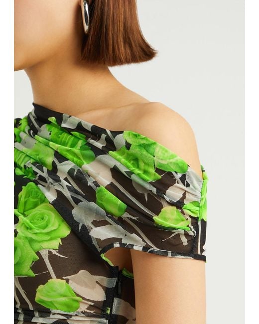 David Koma Green Rose-Print Ruched Tulle Mini Dress