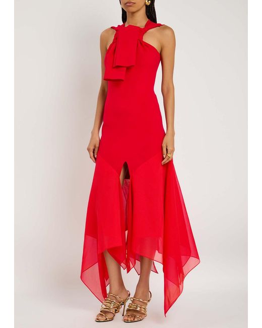 A.W.A.K.E. MODE Red Chiffon And Knit Knotted-Neckline Midi Dress