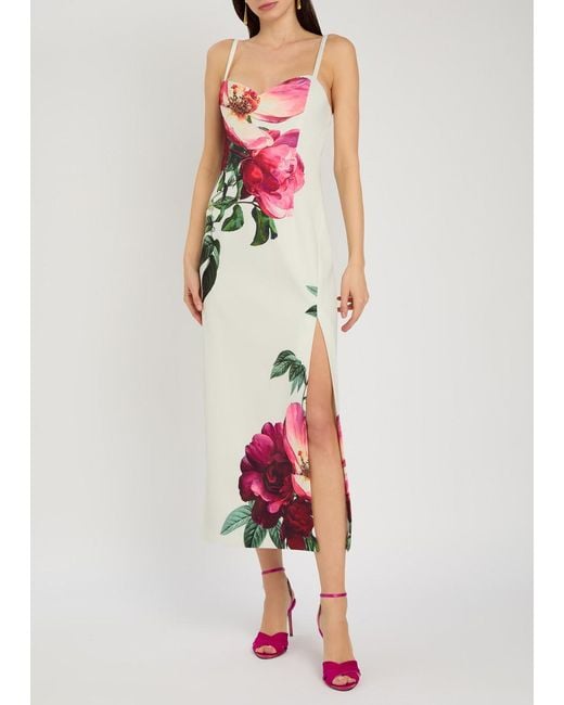 Alice + Olivia White Nina Floral-Print Satin-Crepe Midi Dress