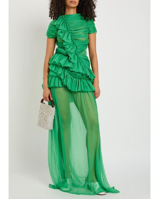 Dries Van Noten Green Shelby Frilled Silk Maxi Skirt