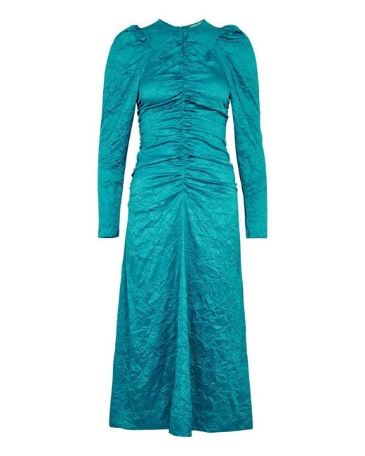 Ganni Blue Crinkled Ruched Satin Midi Dress