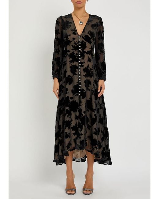 Rixo Black Avalyn Velvet-Devoré Chiffon Midi Dress
