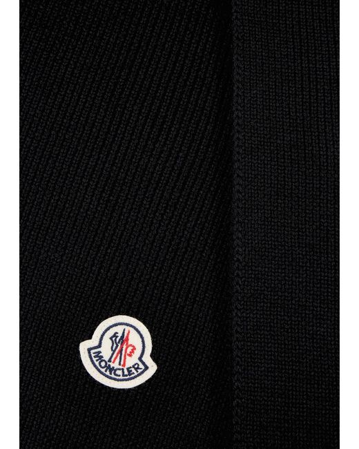 Moncler Black Logo Ribbed Wool Scarf for men