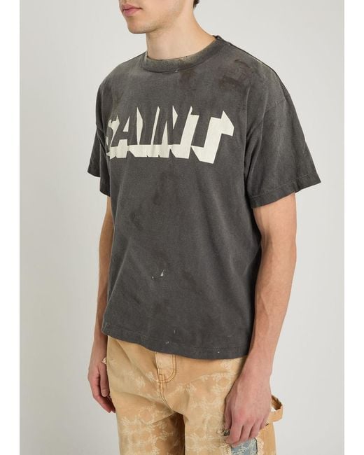 SAINT Mxxxxxx Gray Alpha Logo-Print Distressed Cotton T-Shirt for men