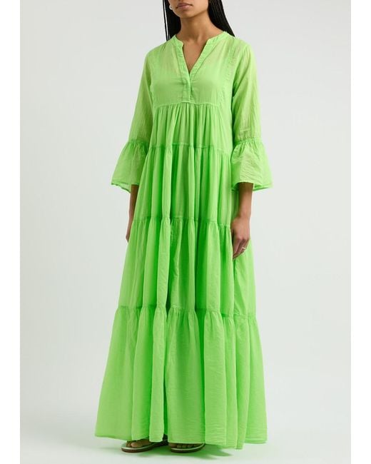 Devotion Green Manousia Tiered Cotton Maxi Dress