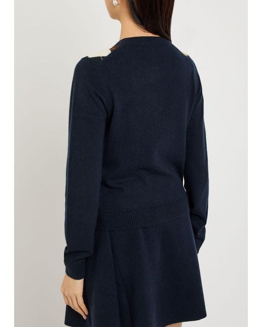 Ganni Blue Argyle Wool And Cashmere-Blend Cardigan