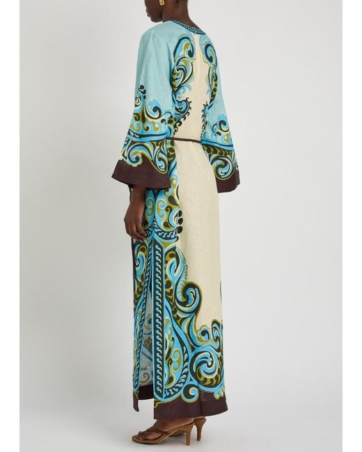 ALÉMAIS Green Natalia Printed Belted Linen Midi Dress