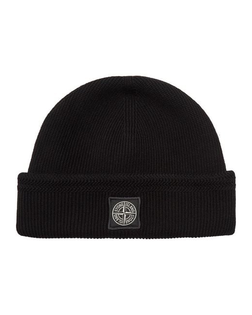 Stone Island Black Compass Logo-Appliquéd Ribbed Cotton-Knit Beanie for men