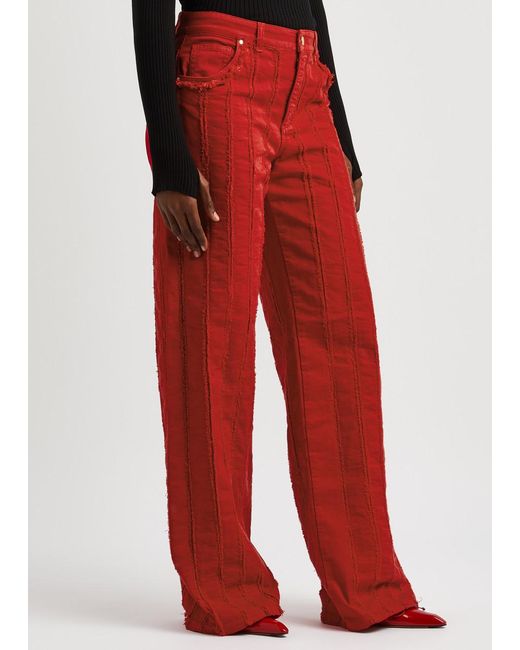 Blumarine Red Frayed Wide-Leg Jeans