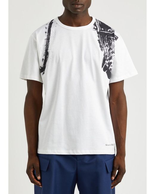 Alexander McQueen White Harness Printed Cotton T-Shirt for men