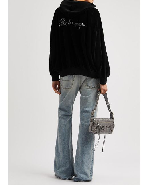 Balenciaga Black Crystal-Embellished Hooded Velour Sweatshirt