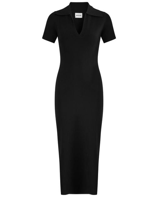 AEXAE Black Knitted Polo Maxi Dress