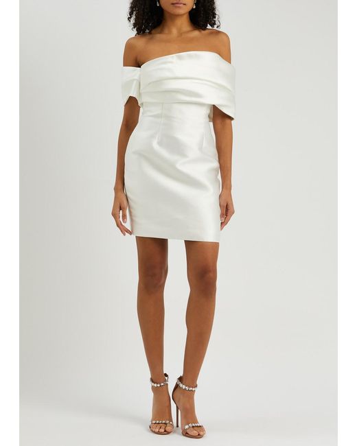 Solace London White Edda Off-the-shoulder Satin Mini Dress