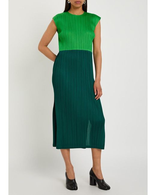 Pleats Please Issey Miyake Green Pleated Woven Midi Dress