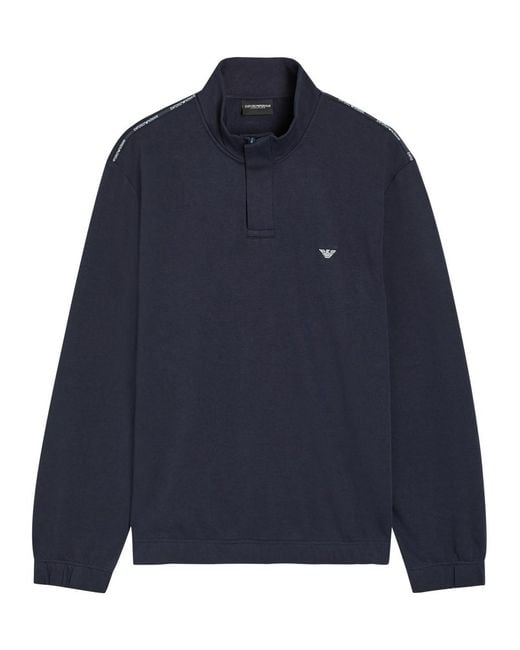 Emporio Armani Blue Logo-Embroidered Half-Zip Cotton-Blend Sweatshirt for men