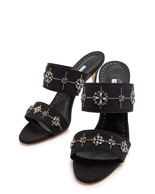 Manolo Blahnik Black Ralota 90 Crystal-Embellished Crepe De Chine Mules