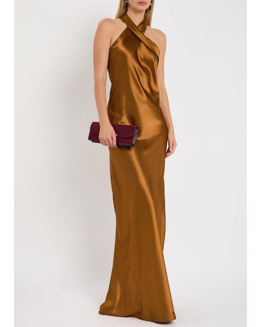 Galvan Natural Pandora Scarf-Neck Satin Gown