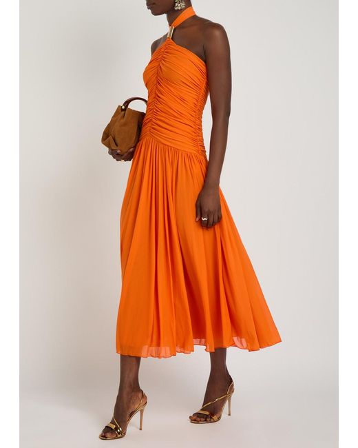 Ronny Kobo Orange Wrenley Ruched Tissue Jersey Midi Dress