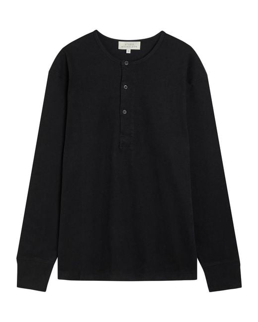 Studio Nicholson Black Round-Neck Cotton Henley T-Shirt for men