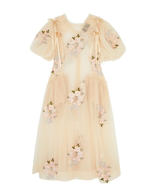 Simone Rocha Natural Floral-embroidered Tulle Midi Dress