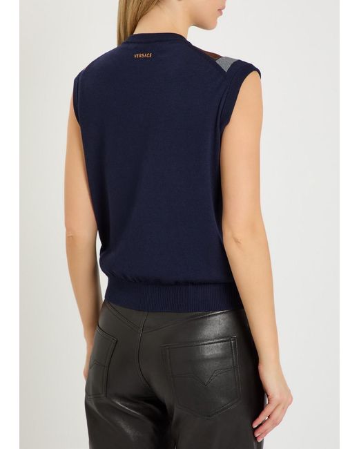 Versace Blue Patchwork Fine-Knit Wool And Suede Vest