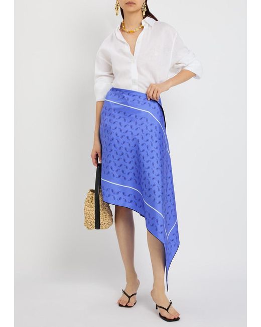 Otzio Blue Margot Printed Asymmetric Silk Midi Skirt