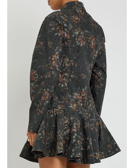Ganni Gray Printed Stretch-Cotton Mini Shirt Dress