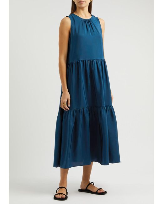 Eileen Fisher Blue Tiered Silk Midi Dress