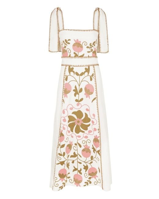 Lug Von Siga White Ornella Uzbek Embroidered Linen Midi Dress