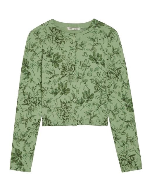 Alice + Olivia Green Carson Floral Cropped Cotton-Blend Cardigan